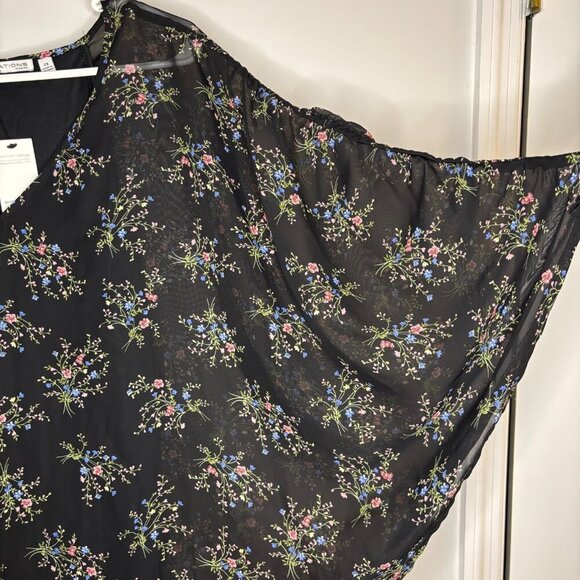 NOTATIONS NEW V-Neck Blouse Womens 2X Sheer Lined Black Floral Stretch Poncho - Picture 4 of 8